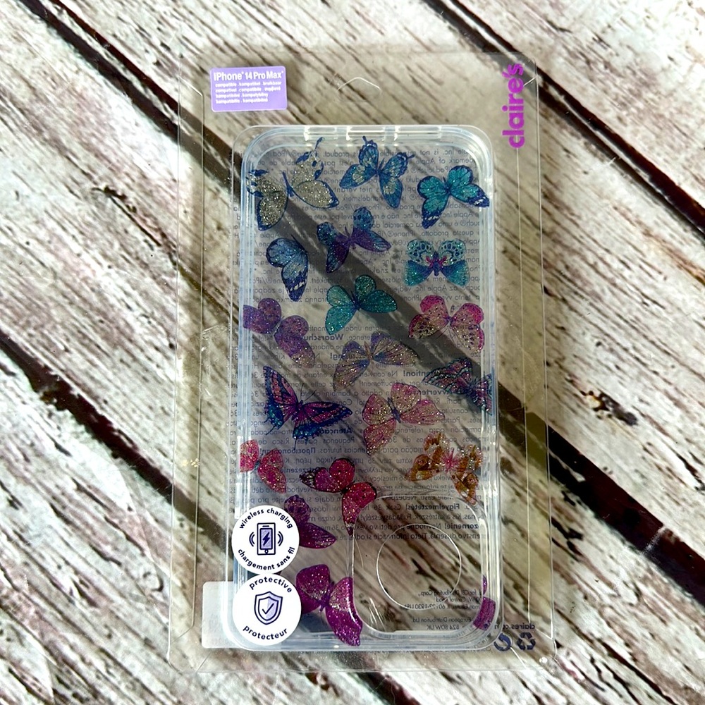 Claire’s iPhone 14 Pro Max Sparkly Butterflies Phone Case